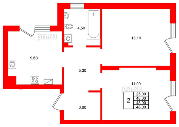 Квартира в ЖК Виридиан, 2 комнатная, 48 м², 1 этаж