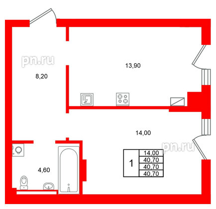 Квартира в ЖК Виридиан, 1 комнатная, 40.7 м², 1 этаж