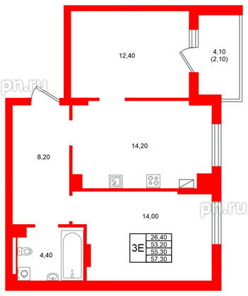 Квартира в ЖК Виридиан, 2 комнатная, 55.3 м², 4 этаж