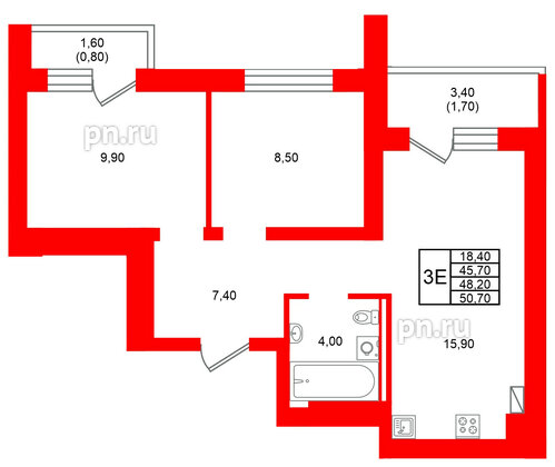 Квартира в ЖК Виридиан, 2 комнатная, 48.2 м², 2 этаж