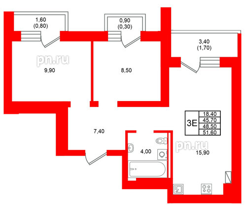 Квартира в ЖК Виридиан, 2 комнатная, 48.5 м², 3 этаж