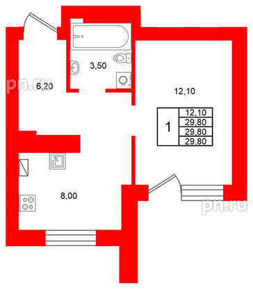 Квартира в ЖК Виридиан, 1 комнатная, 29.8 м², 1 этаж