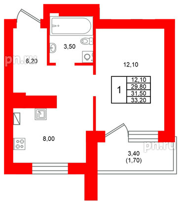 Квартира в ЖК Виридиан, 1 комнатная, 31.5 м², 2 этаж