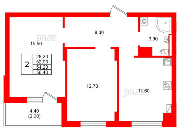 Квартира в ЖК Виридиан, 2 комнатная, 54.2 м², 2 этаж