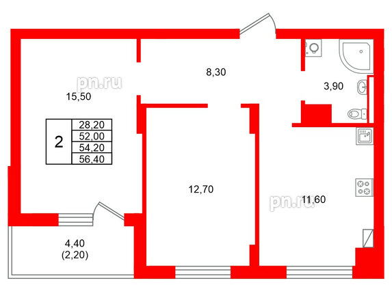 Квартира в ЖК Виридиан, 2 комнатная, 54.2 м², 3 этаж