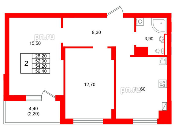 Квартира в ЖК Виридиан, 2 комнатная, 54.2 м², 4 этаж
