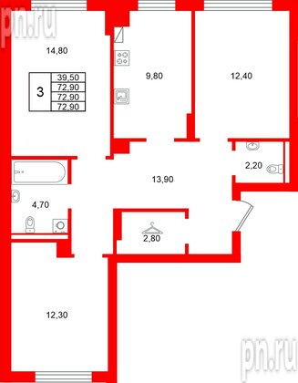Квартира в ЖК «Виридиан», 3 комнатная, 72.9 м², 1 этаж
