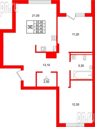 Квартира в ЖК Виридиан, 2 комнатная, 65.4 м², 1 этаж