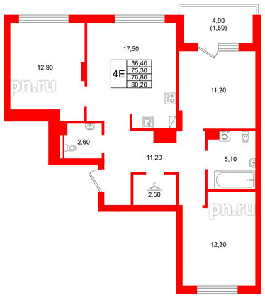 Квартира в ЖК Виридиан, 3 комнатная, 76.8 м², 3 этаж