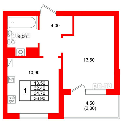 Квартира в ЖК Виридиан, 1 комнатная, 34.7 м², 2 этаж