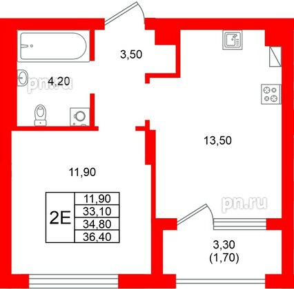Квартира в ЖК Виридиан, 1 комнатная, 34.8 м², 2 этаж