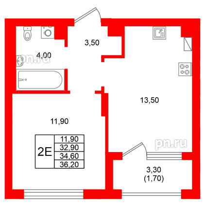 Квартира в ЖК Виридиан, 1 комнатная, 34.6 м², 3 этаж