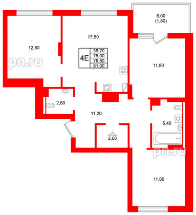 Квартира в ЖК Виридиан, 3 комнатная, 76.8 м², 3 этаж