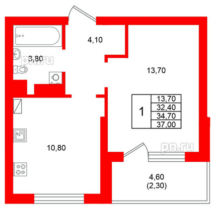 Квартира в ЖК Виридиан, 1 комнатная, 34.7 м², 2 этаж