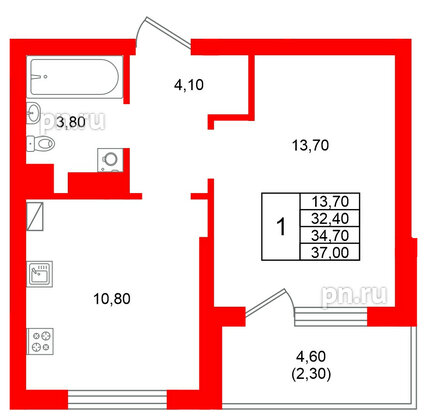 Квартира в ЖК Виридиан, 1 комнатная, 34.7 м², 3 этаж