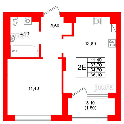 Квартира в ЖК Виридиан, 1 комнатная, 34.6 м², 3 этаж