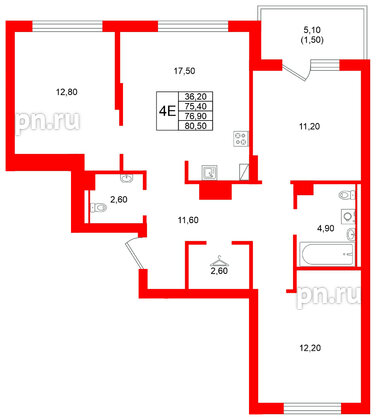 Квартира в ЖК Виридиан, 3 комнатная, 76.9 м², 2 этаж