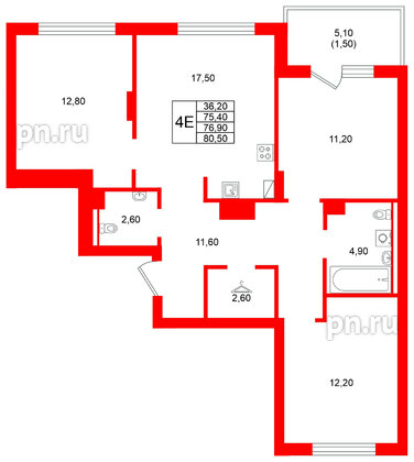 Квартира в ЖК Виридиан, 3 комнатная, 76.9 м², 4 этаж