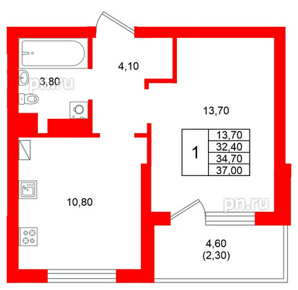 Квартира в ЖК Виридиан, 1 комнатная, 34.7 м², 2 этаж