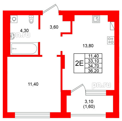 Квартира в ЖК Виридиан, 1 комнатная, 34.7 м², 2 этаж