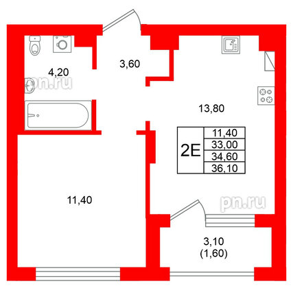 Квартира в ЖК Виридиан, 1 комнатная, 34.6 м², 3 этаж