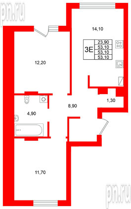 Квартира в ЖК Виридиан, 2 комнатная, 53.1 м², 1 этаж