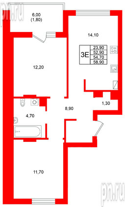 Квартира в ЖК Виридиан, 2 комнатная, 54.7 м², 3 этаж