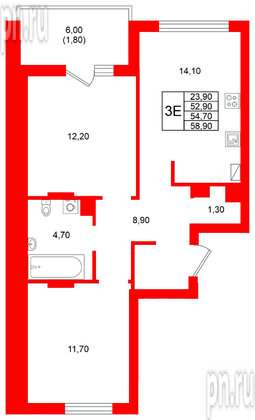 Квартира в ЖК Виридиан, 2 комнатная, 54.7 м², 4 этаж