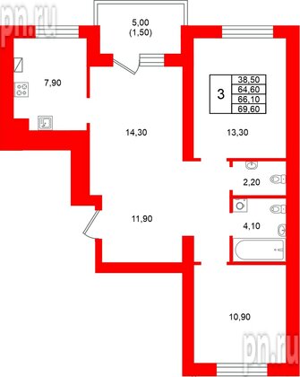 Квартира в ЖК Виридиан, 3 комнатная, 66.1 м², 2 этаж