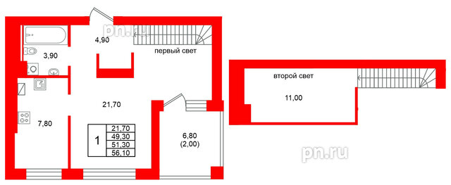 Квартира в ЖК Виридиан, 1 комнатная, 51.3 м², 4 этаж