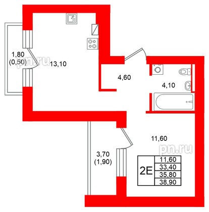 Квартира в ЖК Виридиан, 1 комнатная, 35.8 м², 2 этаж