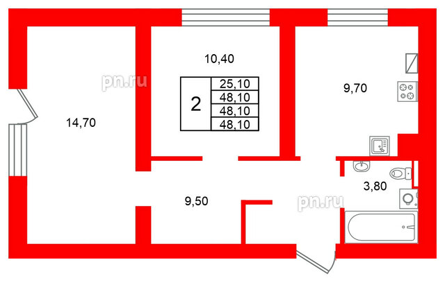 Квартира в ЖК Виридиан, 2 комнатная, 48.1 м², 1 этаж