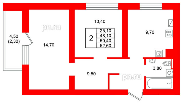 Квартира в ЖК Виридиан, 2 комнатная, 50.4 м², 2 этаж