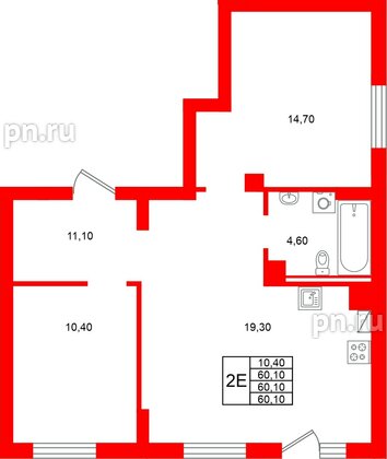 Квартира в ЖК Виридиан, 1 комнатная, 60.1 м², 1 этаж
