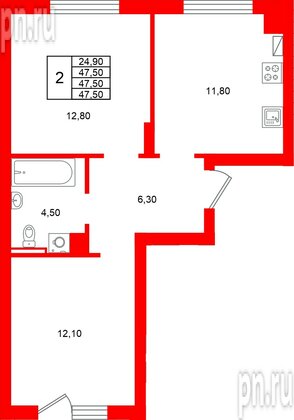 Квартира в ЖК Виридиан, 2 комнатная, 47.5 м², 1 этаж
