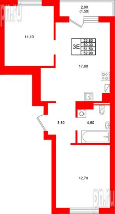 Квартира в ЖК Виридиан, 2 комнатная, 51.5 м², 3 этаж