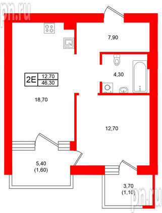 Квартира в ЖК Морена, 1 комнатная, 46.3 м², 1 этаж