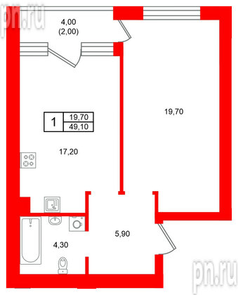 Квартира в ЖК Морена, 1 комнатная, 49.1 м², 5 этаж