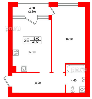 Квартира в ЖК Морена, 1 комнатная, 49.5 м², 1 этаж