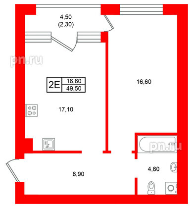 Квартира в ЖК Морена, 1 комнатная, 49.5 м², 2 этаж