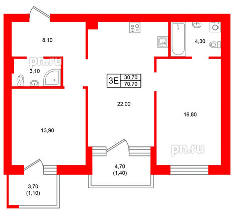 Квартира в ЖК Морена, 2 комнатная, 70.7 м², 1 этаж