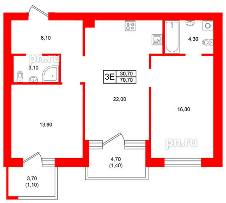 Квартира в ЖК Морена, 2 комнатная, 70.7 м², 3 этаж