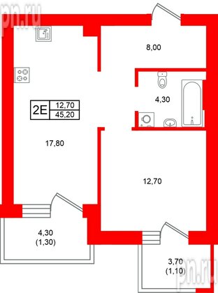 Квартира в ЖК Морена, 1 комнатная, 45.2 м², 3 этаж