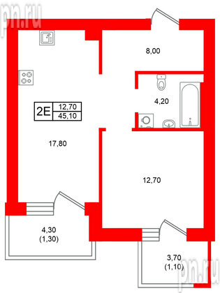 Квартира в ЖК Морена, 1 комнатная, 45.1 м², 4 этаж