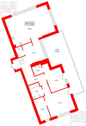 Квартира в ЖК Морена, 2 комнатная, 134.9 м², 5 этаж