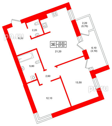 Квартира в ЖК Морена, 2 комнатная, 67.5 м², 3 этаж