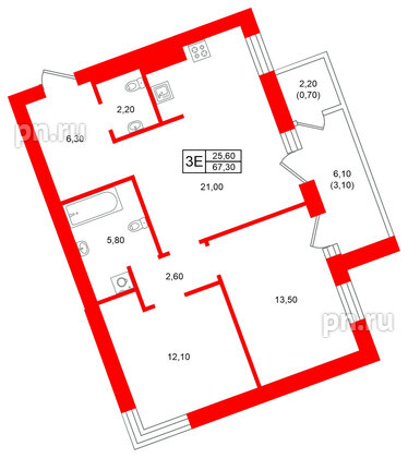 Квартира в ЖК Морена, 2 комнатная, 67.3 м², 4 этаж