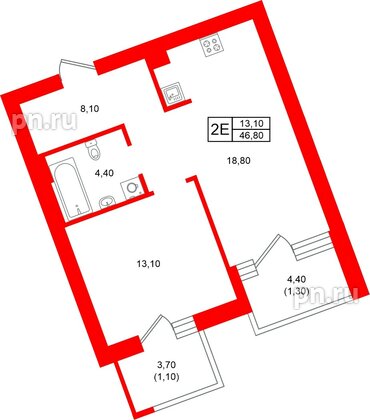 Квартира в ЖК Морена, 1 комнатная, 46.8 м², 1 этаж