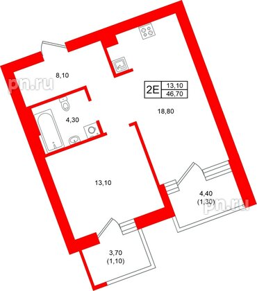 Квартира в ЖК Морена, 1 комнатная, 46.7 м², 3 этаж