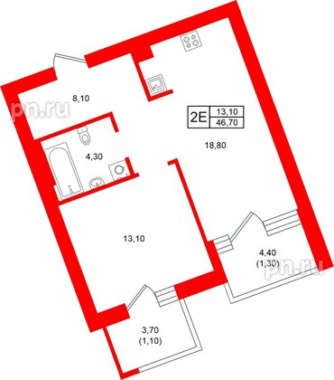 Квартира в ЖК Морена, 1 комнатная, 46.7 м², 4 этаж